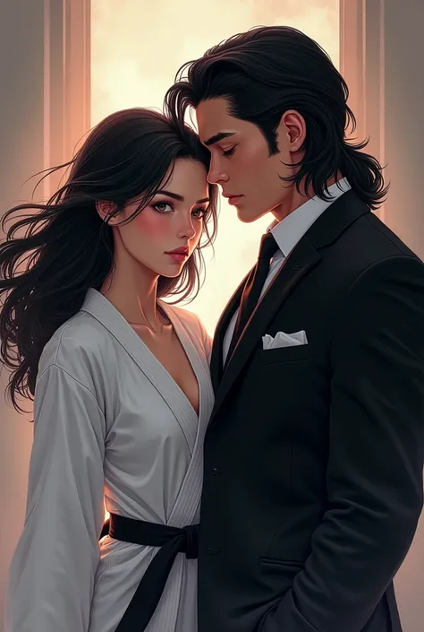 Please generate a cover for my comic add title "Billet-Doux For My Quinn" infront of cover. genre action/crime. The guy wearing black suit, hair wavy mullet above his shoulder, a handsome gentleman tall guy. The women long hair is WEARING WHITE TAEKWONDO u...