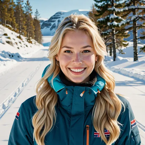 hyper realistic, three norwegian blond-haired woman 18 years-old, standing in the snow and smiling