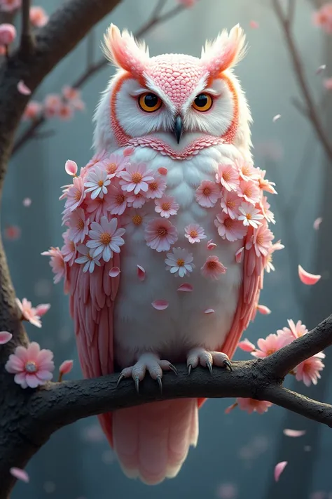 A majestic owl, covered in a multitude of delicate pastel flowers, including pink blossoms, white daisies and soft pinks, sits perched on a dark, gnarled tree branch, bathed in a soft, muted light; its feathers giving way to the flowers, creating a surreal...