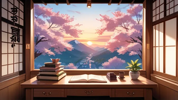 An anime-inspired scene of a young girl sitting at a desk, studying or writing in a notebook while wearing headphones labeled Lofi. The setting is a tranquil and picturesque Japanese-style room with traditional wooden architecture, sliding paper doors, and...