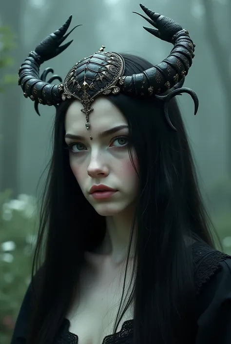  A fair-skinned woman with long black hair, wearing a scorpion crown 