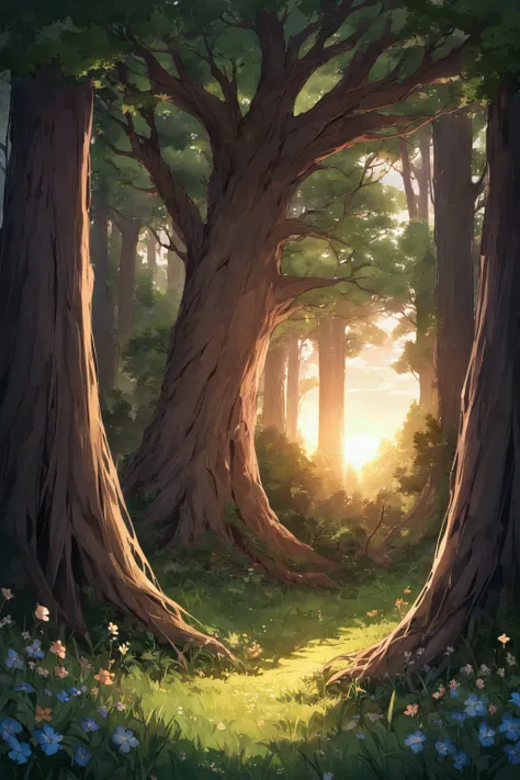 forest edge,  in the center of the plot is a large sprawling old tree , rare crown ,  in the background is a wall of frightening trees ,  the setting sun breaks through the crown of a large tree,  in the near plane tall grass with wildflowers 