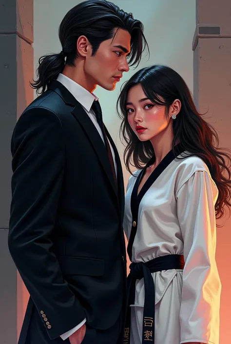 Please generate a cover for my comic add title "Billet-Doux For My Quinn" infront of cover. genre action/crime. The guy wearing black suit, hair wavy mullet above his shoulder, a handsome gentleman tall guy. The women long hair is WEARING WHITE TAEKWONDO u...