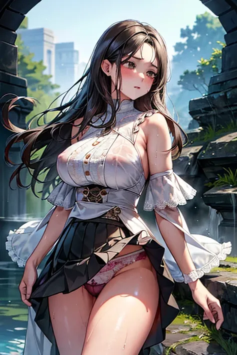 8k、 best quality 、MAXIMUM CLARITY  、  very detailed、Beautiful art、  very detailed、  biologically correct body  、maternal、 super big boobs 、(((   luxurious ruffled and delicately embroidered lace panties that show through the skin through wet clothes)))、 hi...