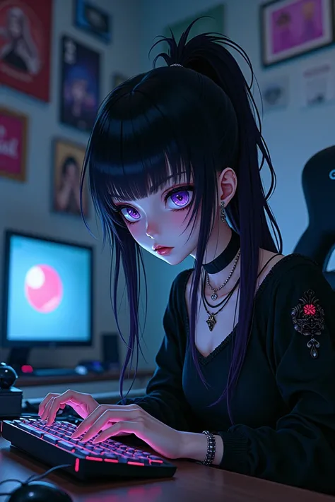 goth anime girl in her bedroom playing games