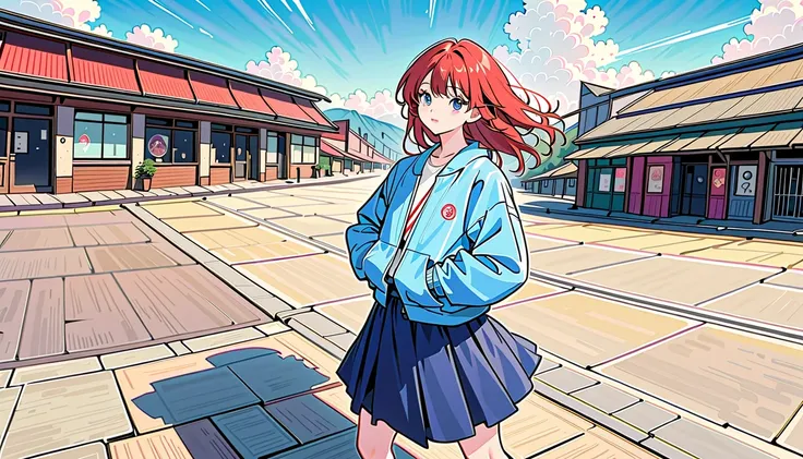  anime girl wearing a blue jacket with headphones standing in front of a building, lofi art style ,  Lofi Girl , satoshi kon art style , 9 0 s anime style aesthetics ,  lo-fi hip hop , Akira Vibe, in the  style  of akira, anime style aesthetics , From Akir...