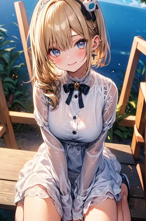 A beautiful girl sitting on a wooden table on the beach, anime girl, with a bouquet of flowers in her hand, under a tree, floral yellow summer dress with detailed ruffles, no sleeve, detailed lace, (spread your legs, white panties), sandals, big rounds bre...