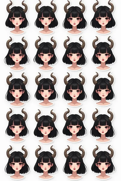 Many stickers, 16 styles, white background, beautiful woman with black bangs.  Has horns like a goat  Beautiful like a goddess Beautiful like my white sister