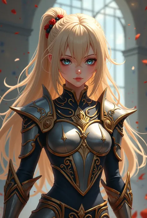 anime, 1teenager, blond long hair, armor clothing, sword in her right hand, beautiful woman, loose blonde hair, sharp blue eye, serious but cute, beautiful and slender body, lock covering his left eye