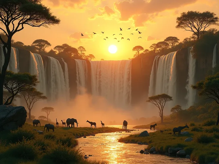 An awe-inspiring African natural landscape featuring a majestic waterfall surrounded by lush green vegetation, a golden sunset casting vibrant warm tones across the scene. In the foreground, iconic African wildlife including elephants, giraffes, zebras, an...