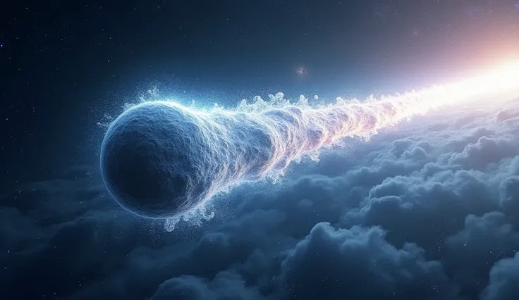 Prompt: A close-up view of an icy comet in space carrying water, trailing a bright tail as it approaches Earth, UHD, realistic, vibrant cosmic background.
