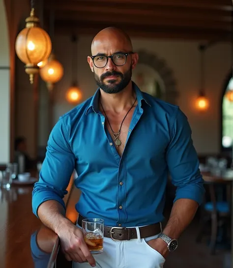 Brazilian man, beautiful, bald, blue eyes, short beard,  full lips , large nose with fine tip ,  thick brow,  looking seductively at the spectator ,  sculptural body,  highly detailed body, defined muscles, Defined abdomen, detailed fingers,  thick muscula...