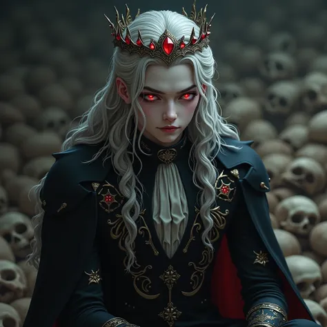  A young looking vampire with fine features .  His face is angled ,  the irises of his eyes are crimson,  his scleras are black ,  Her hair is long, lace and silver color , He wears royal attire ,  because he is the king of the dead ,  who sits on a huge p...