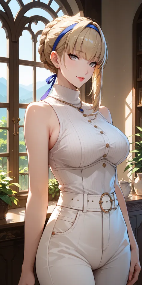 Score_9, Score_8_up, Score_7_up, Source_anime, anime art, anime style, masterpiece, best quality, very aesthetic, 1girl, mature woman, milf, curvaceous, sleeveless turtleneck, white pants, seductive face, standing beside window, meropep5x, blonde hair, hai...