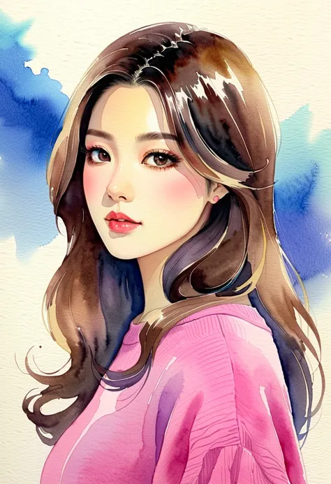 (Watercolor:1.5)、(Abstract Art:1.2)、(The color that oozes:1.1)、composition、Golden Ratio、Functional、Soft colors、Blurred Lines、Ayano Fujisaki,((48 talents)）,round face, Dark Eyes,  elegant ,  plump lips , Elegant, Long Hair, (pink＆ blue sweater ), (lipstick:...