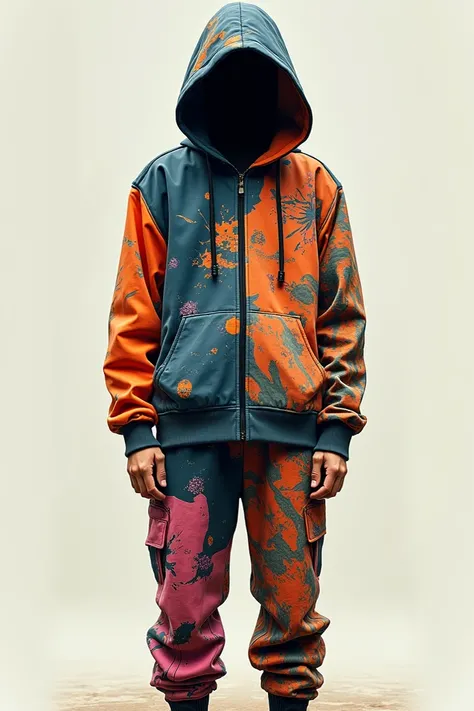 Illustration 2:  Randomness and depth in layers

An oversized hoodie and jogger set with asymmetric prints (brushstrokes or abstract graffiti ).
 The layers are presented with a superimposed nylon vest that provides volume and depth .
 The colors play with...