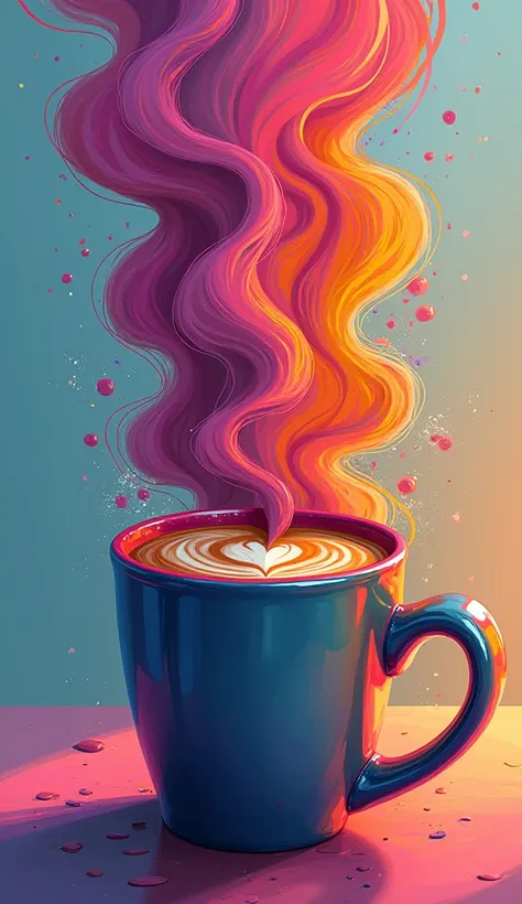 A coffee art of a beautiful face of a girl in a grafitti style colorful mug with art splash, realistic rainbow pastel color  smoke and aroma, brushstroke bliss, focus on the coffee art, synthwave painting,  sunset city,  digital illustration,  extreme deta...