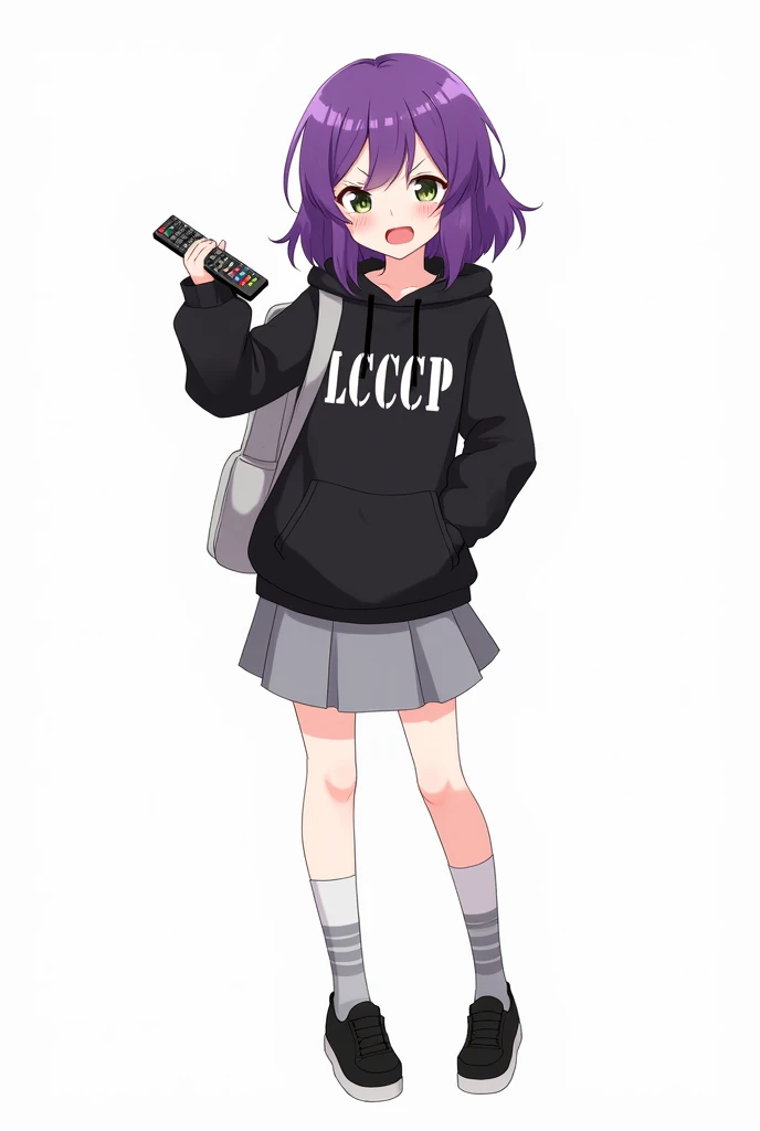 Teenage woman with purple hair standing on the front and her legs and wearing black shoes and gray socks and black poleron with a hood and with thick and capital letters LCCP on the chest with and with backpack gray skirt anime image with a remote control ...