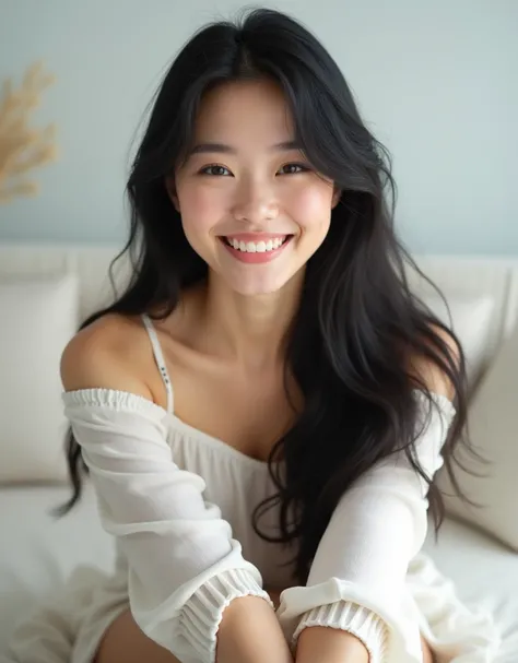 20-year-old, long black hair, beautiful Asian, ultra-realistic skin texture, medium-sized bust, smiling brightly, leaning slightly forward on a white couch with plush pillows. Her hands rest casually on her knees, and her hair falls gracefully over her sho...