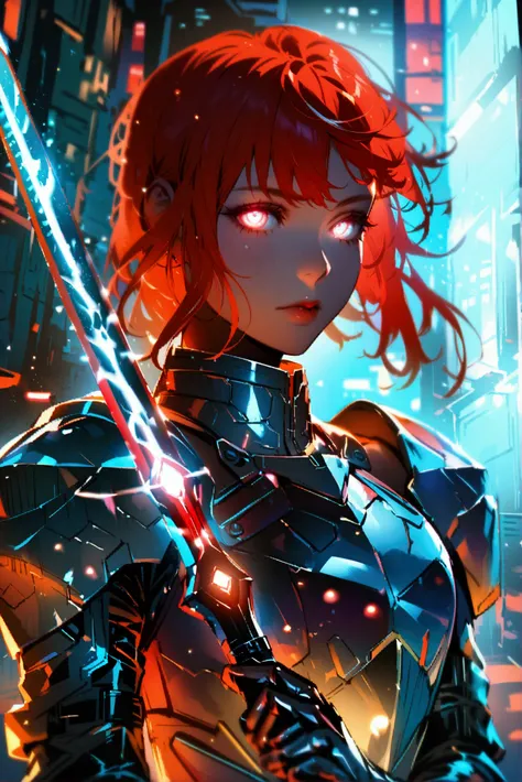 book cover illustration : a young woman,  red hair ,  glowing eyes ,  dressed in futuristic armor,  holding a sword of light , Cyberpunk-style high wall background.