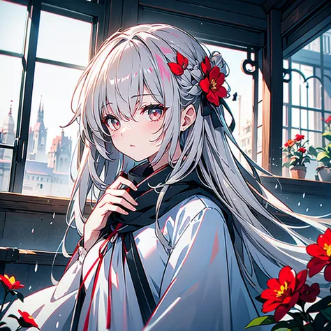  1 girl ,Alone, 1 girl ,Alone,(( BEAUTIFUL AND DETAILED EYES )), (Detailed light), depth of writing,(Gray Hair), Silver Eyes , hair covering one eye ,(Red Flower ),  hair flower,Long Hair,Black Cape,Wet,No emotion,Looking Back,  knight ,Starfall, Its raini...