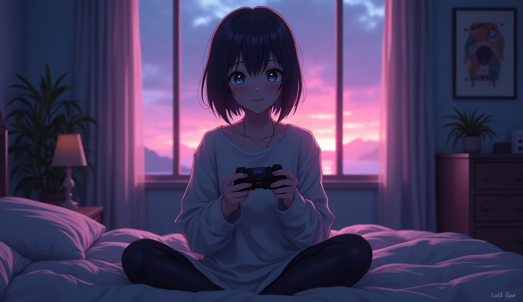 goth anime girl with semi short hair in her bedroom playing games with the view of a window behind her