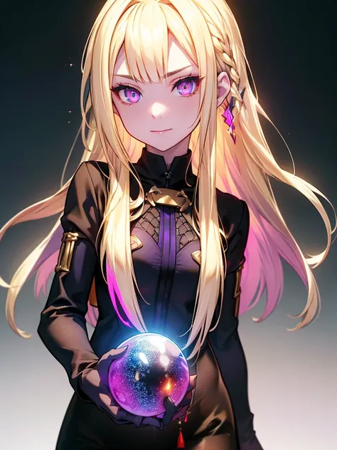  black background with spotlights,   wearing black tights ,((  Holographic  )),（Mean face、 red eyeliner that makes an impressive impression、  cold eyes 、   has long eyelashes 、 Purple Eyes、(Highly detailed and exquisite 3D rendering)、細部まで  beautiful faceと目...