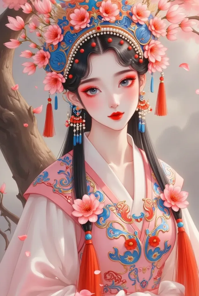 peking opera huadan， digital artwork， depict romantic scenes in liyuan，soft pink ， fantastic atmosphere ，delicate cherry blossom...