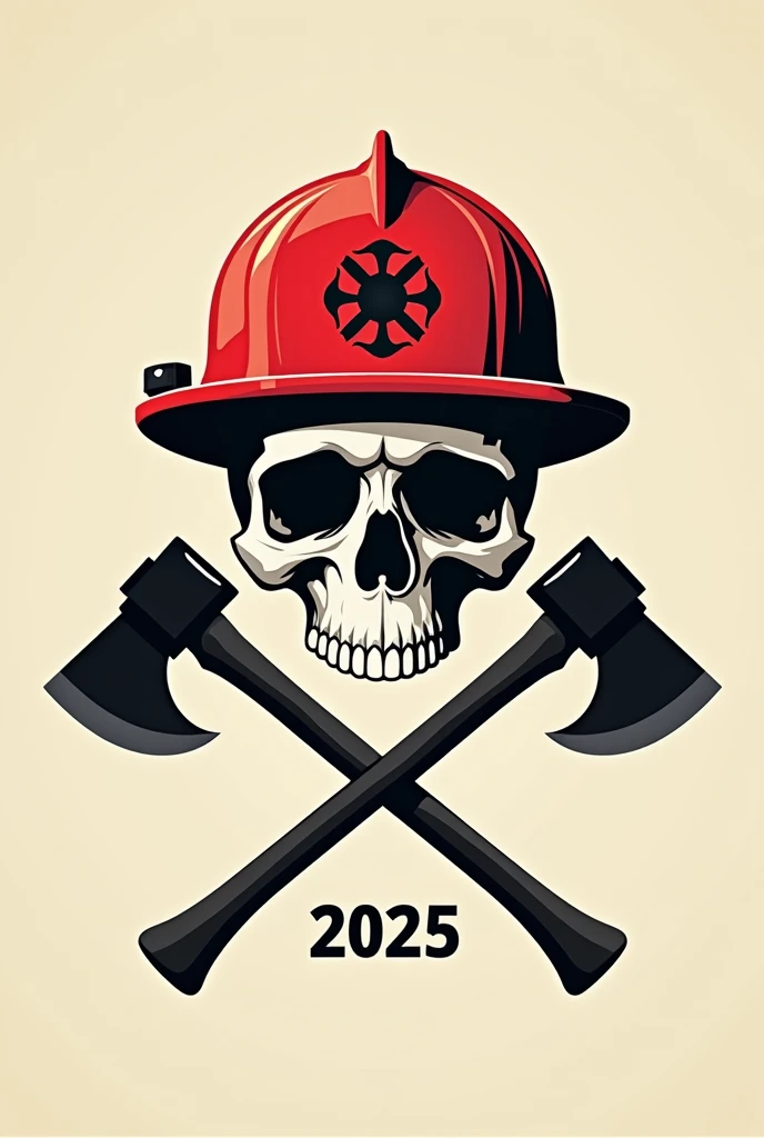 Create an image of a skull with a red firefighter helmet with two axes crossed behind and below the skull the year 2025 in a minimalist way.