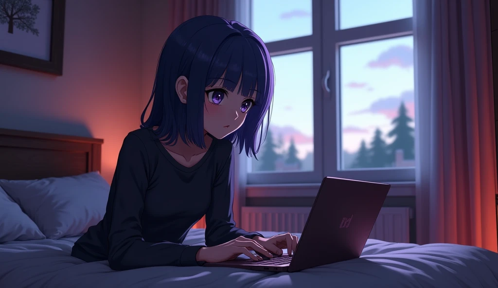 goth anime girl shoulder length hair in her bedroom playing Minecraft with the view of a window behind her