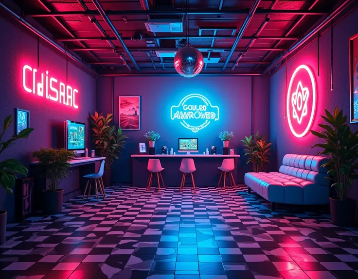 indoor，Disco ，disco light ball，Neon， black and white plaid floor，Glowing light sign ，modern，Cartoon， Technology Sense，Futuristic， cyberpunk，Small parts ，panoramic，45° overlooking， are beautifully laid out，(unmanned)，Scenario