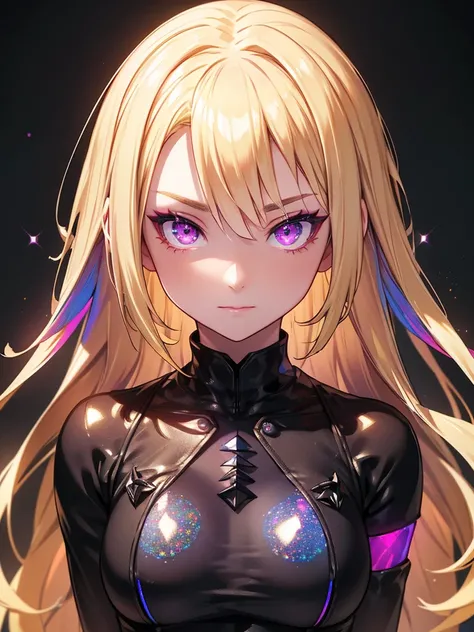  black background with spotlights,   wearing black tights ,((  Holographic  )),（Mean face、 red eyeliner that makes an impressive impression、  cold eyes 、   has long eyelashes 、 Purple Eyes、(Highly detailed and exquisite 3D rendering)、細部まで  beautiful faceと目...