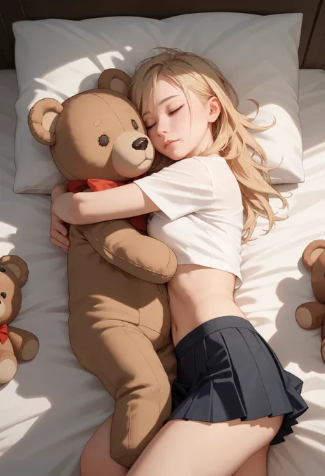 score_9, score_8_up, score_7_up, sfw,Anatomically Correct,

1girl, cropped t-shirt, mini skirt, lying on the bed, hugging a teddy bear, view from above