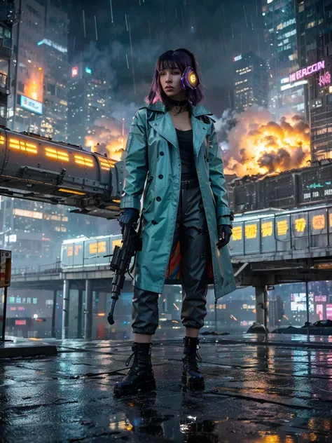 Cyberpunk style, female soldier cyberpunk clothing, black shiny buttoned coat jacket, knee length trousers,, sitting on the door of the cyber plane transparent color chrome purple airplane helicopter advanced design air brush paint,.holding a gun looking a...