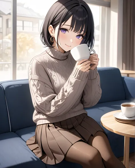 sitting, head tilt、light smile、Half-closed eyes、blush、Beautiful mature woman , purple eyes, black hair short hair、 turtleneck knit sweater, hoop earring, pleats skirt, brown pantyhose, cowboy shot, living,couch, drinking coffee, coffee, table, throw, Atmos...