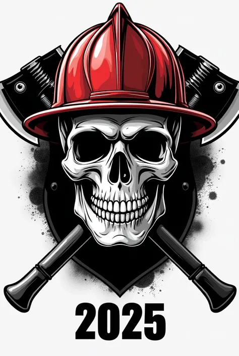 Create an image of a skull with a red firefighter helmet with two large axes crossed behind and below the skull the year 2025 in a minimalist way.