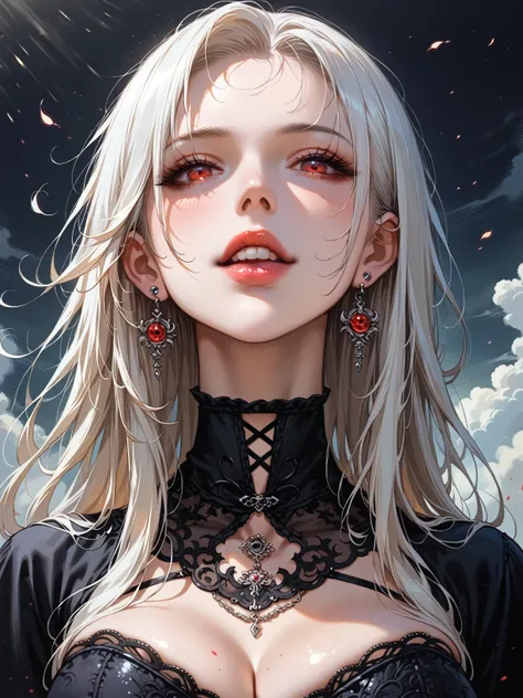 Masterpiece, score_9, score_8_up, score_7_up,source_anime, Intellectual Cool Beauty, Long hair, Straight white Hair, Lustrous Face, Compensating, piercing red Eyes, Large Piece, Black Gothic Bear Dress, Choker, fluttering hair, milf, huge breasts, Dim Base...