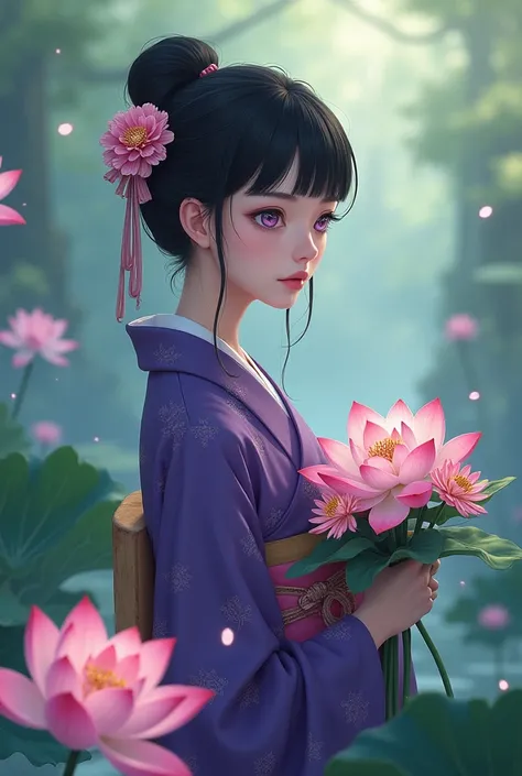 Japanese style、Lotus flower、Plum Blossom、woman、 purple eyes,  cropped bangs、 Looking into the Distance 、
 Slender Eyes、deep purple kimono 、Holding flowers、 serious face、