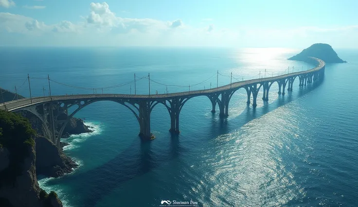 A wiggly bridge with a bridge over the sea leading to the back