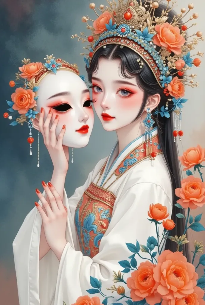 chinese peking opera, actress, holding a ghostly mask, profile view, toyota's liquid rococo fractal, james jean, rutkowski, flui...