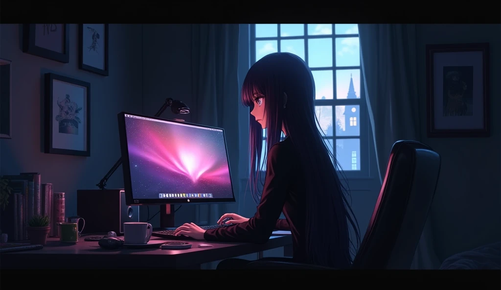 GOTH anime girl shoulder length hair in her black bedroom playing on her computer with the view of a window behind her