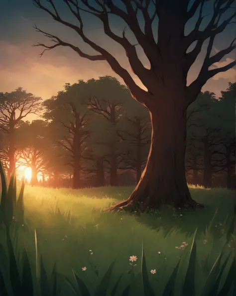 forest edge,  in the center of the plot is a large sprawling old tree , rare crown ,  in the background is a wall of frightening trees ,  the setting sun breaks through the crown of a large tree,  in the near plane tall grass with wildflowers 