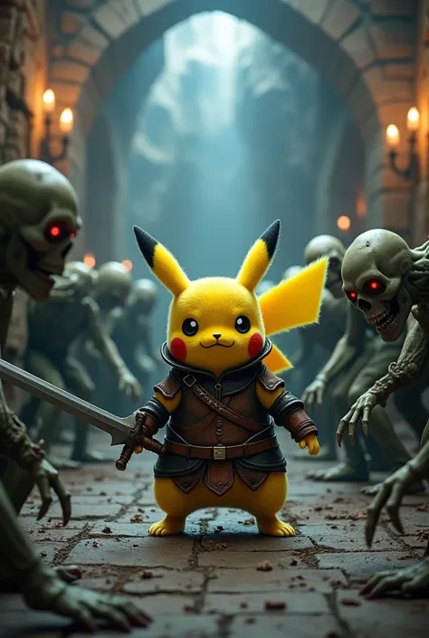 Un Pikachu équipé dune armure de cuire qui se bat avec une épée contre des zombies dans un donjon