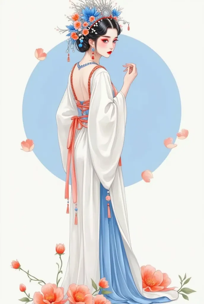 flat illustrations，shanghai silk painting ，color block illustration，small， blue as the main color， peking opera huadan， wearing ...