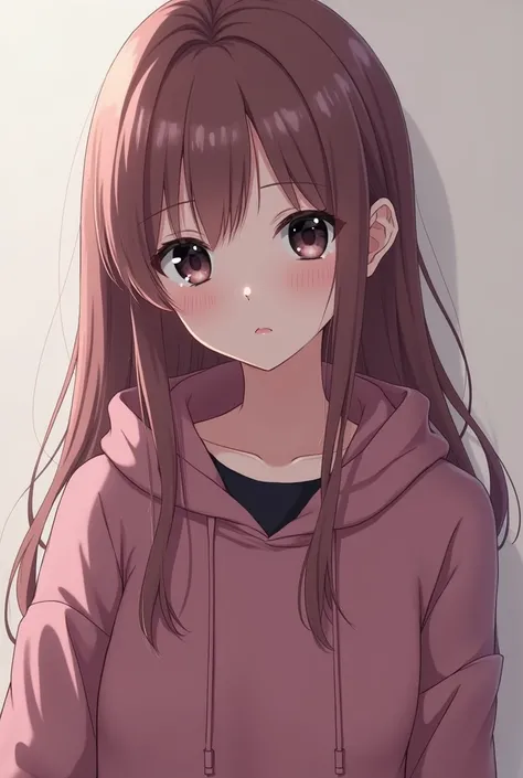 anime teen girl wearing a dark muted pink hoodie with dark muted pink hair and pure black eyes