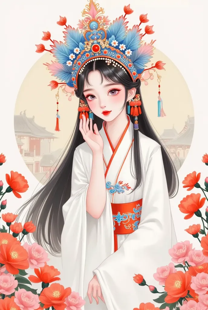 peking opera huadan, national scenery , flat style,classical and exquisite , chibi, posture and expression,emoticons, line art ,...