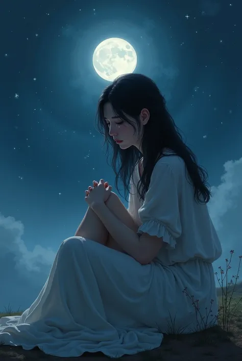 Woman sitting crying at night under the moonlight