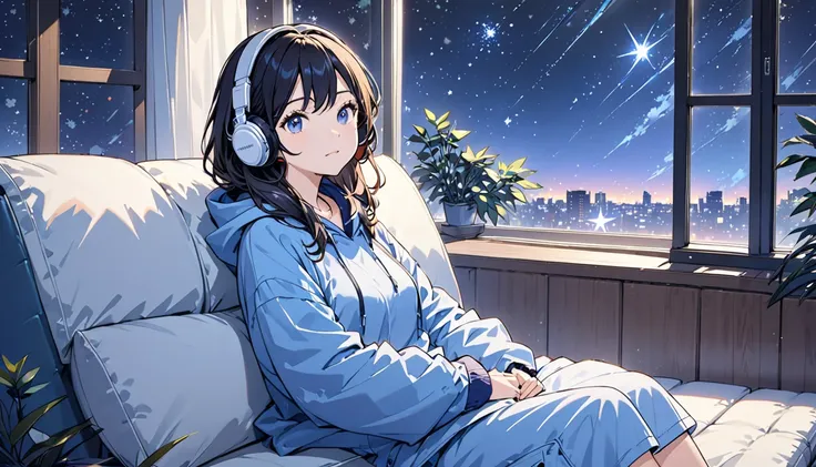  best quality, headphones sitting comfortably on the couch at night,Girl wearing ,In front of a large window, starry sky 