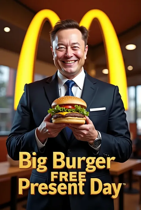  CM Poster is "Big Burger Free Present Day " written in middle golden decoration letters at the bottom of the screen,  Macdonald logo, front view  Standing Pose , hold a  1 McDonald hamburger, American White man is Elon Musk  ,54-age ,smile , suit style, b...