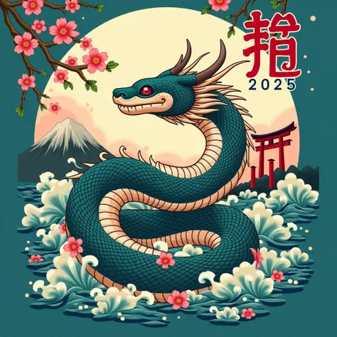 black background,realistic,playful,vibrant art inspired by Japanese traditional art and ukiyo-e t-shirt design featuring a center coiled snake at the center,with teal and aqua hues with darker shading to provide depth and intricate scale details.Surround i...